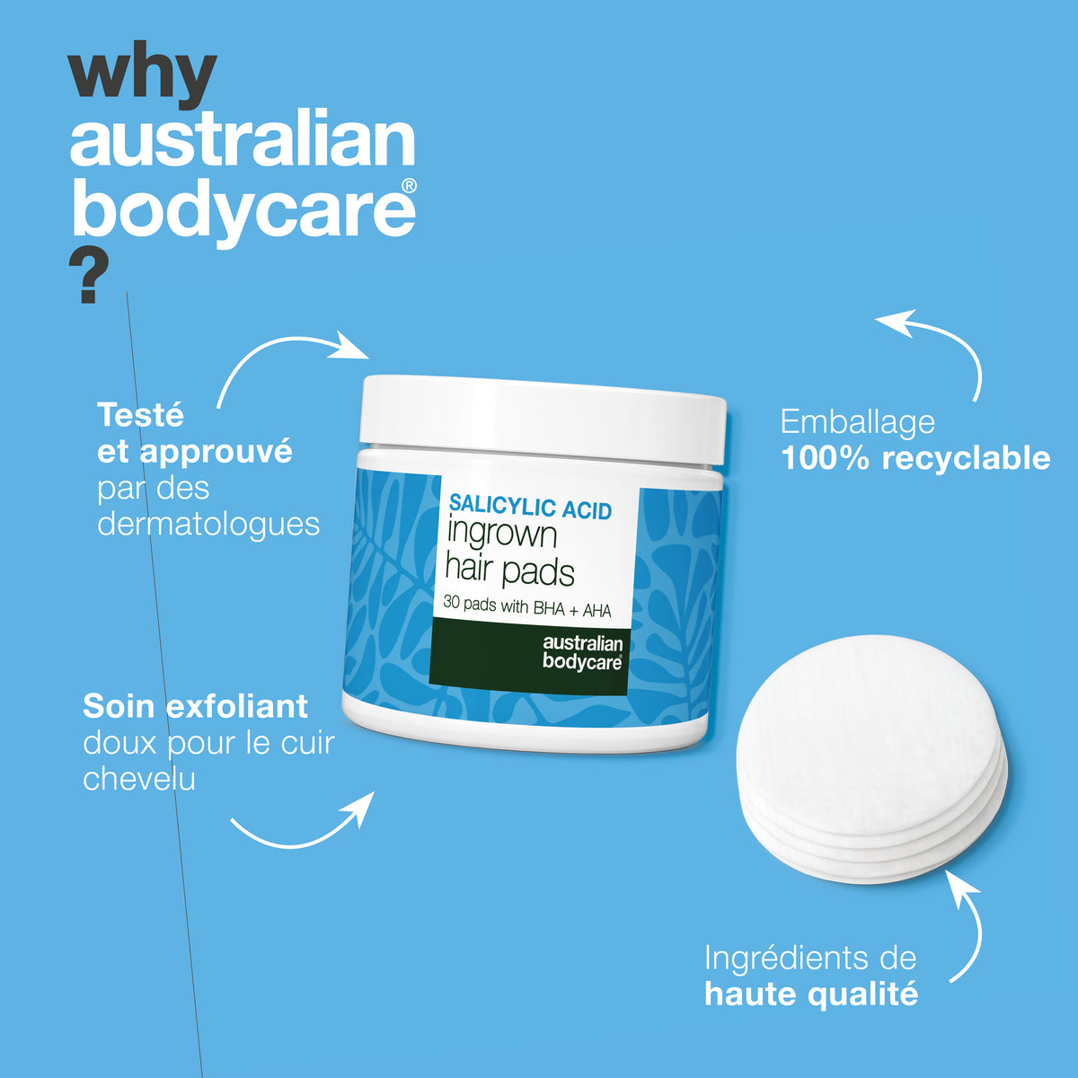 Disques à l'acide salicylique Australian Bodycare présentés comme testés dermatologiquement, doux et efficaces pour le corps, en emballage recyclable et avec des ingrédients de haute qualité.