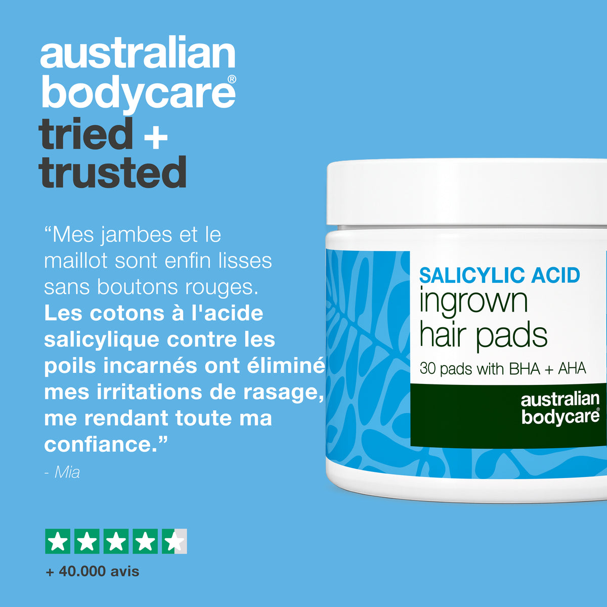 Avis client sur les disques à l'acide salicylique Australian Bodycare contre les poils incarnés, affiché avec une note de quatre étoiles et demie et plus de 40 000 avis.