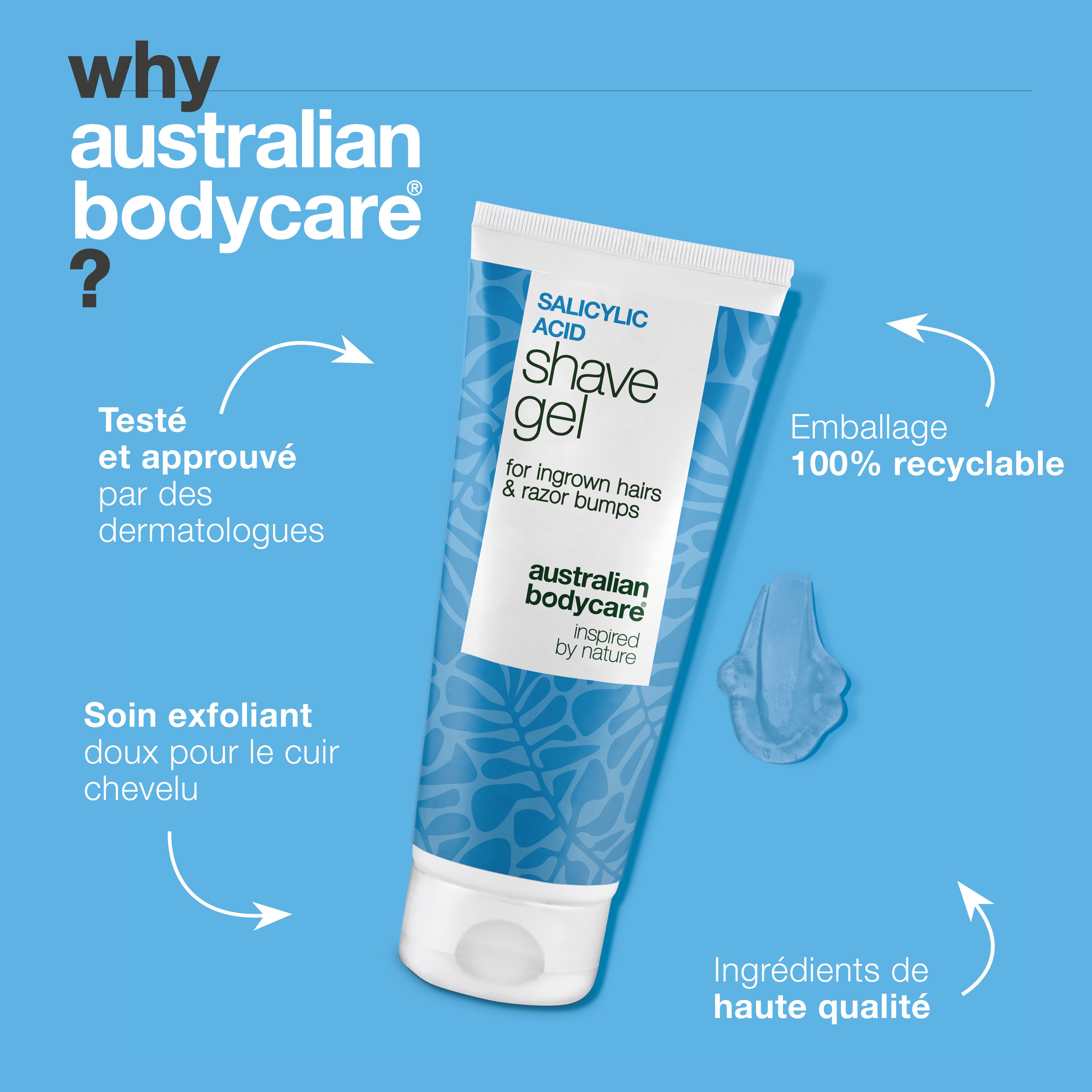 Gel de rasage acide salicylique – Anti-poils incarnés — Gel de rasage à l'acide salicylique contre les poils incarnés. Enrichi en glycérine et panthénol pour un rasage sans irritation.