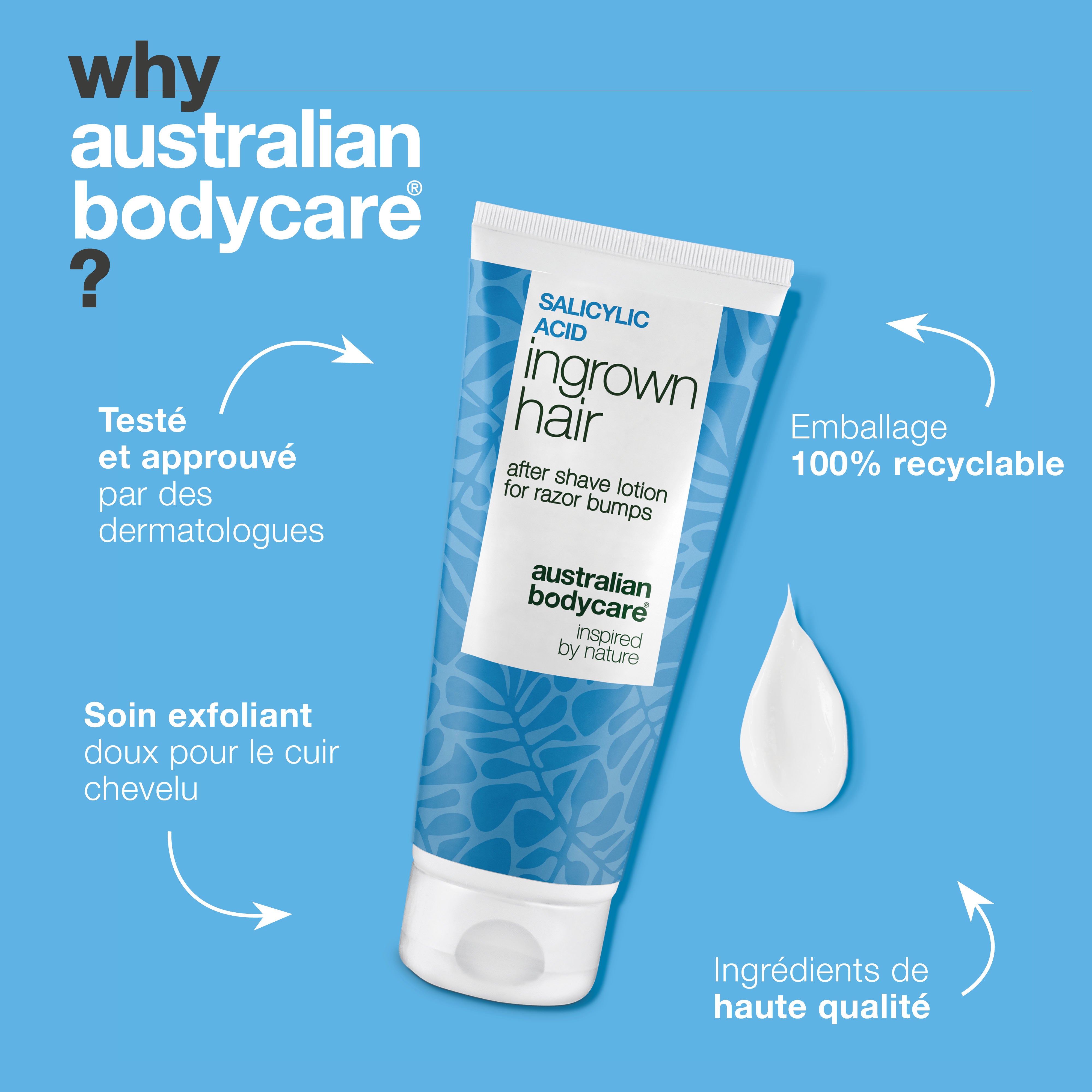 Australian Bodycare Lotion Après-Rasage à l’Acide Salicylique dans un emballage recyclable. Soin du corps testé dermatologiquement, doux et efficace, formulé avec des ingrédients de haute qualité.