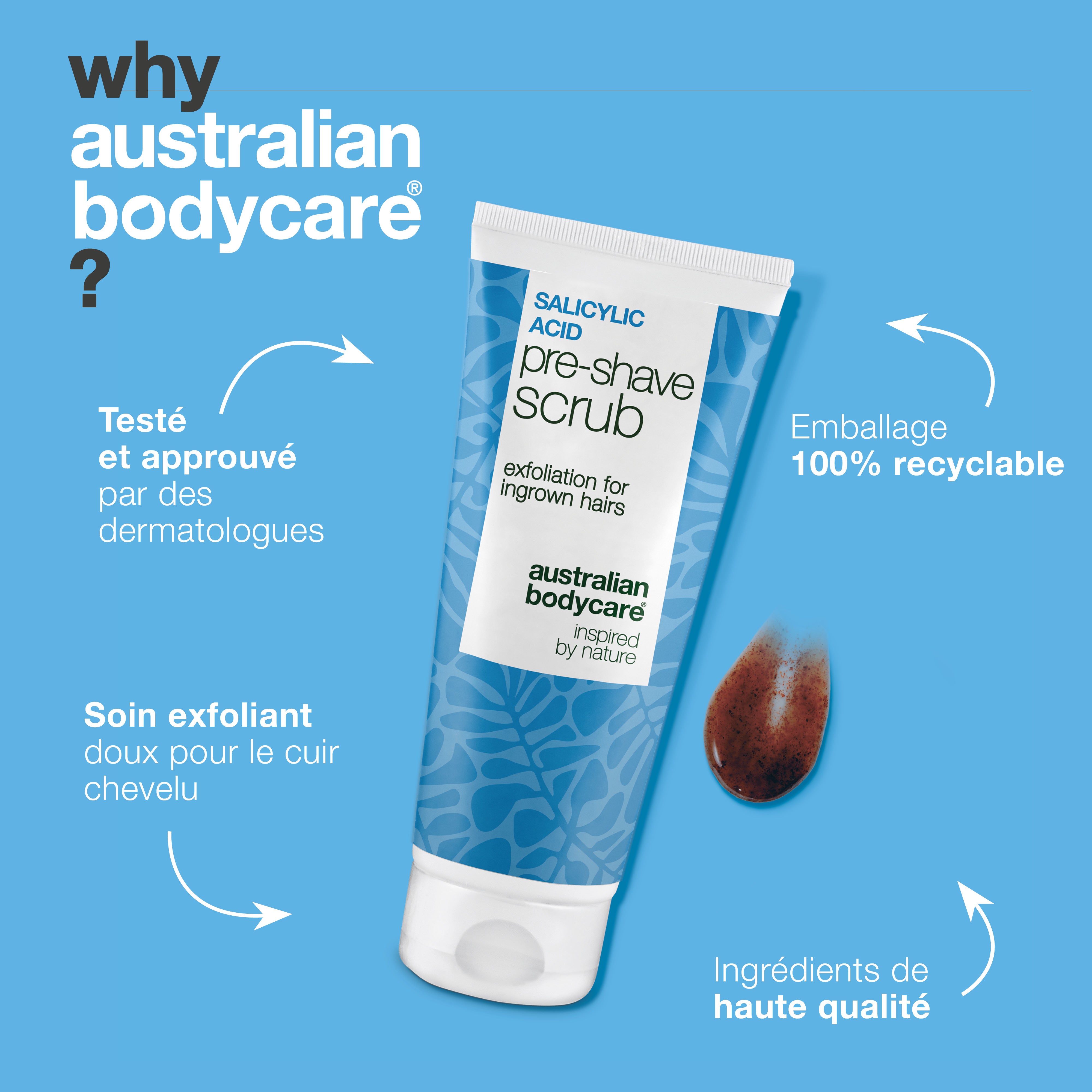 Gommage Pré-rasage Acide Salicylique : Poils Incarnés — Gommage Pré-rasage à l'Acide Salicylique contre les poils incarnés et le feu du rasoir. Pour une peau lisse sans démangeaisons. AHA inclus.