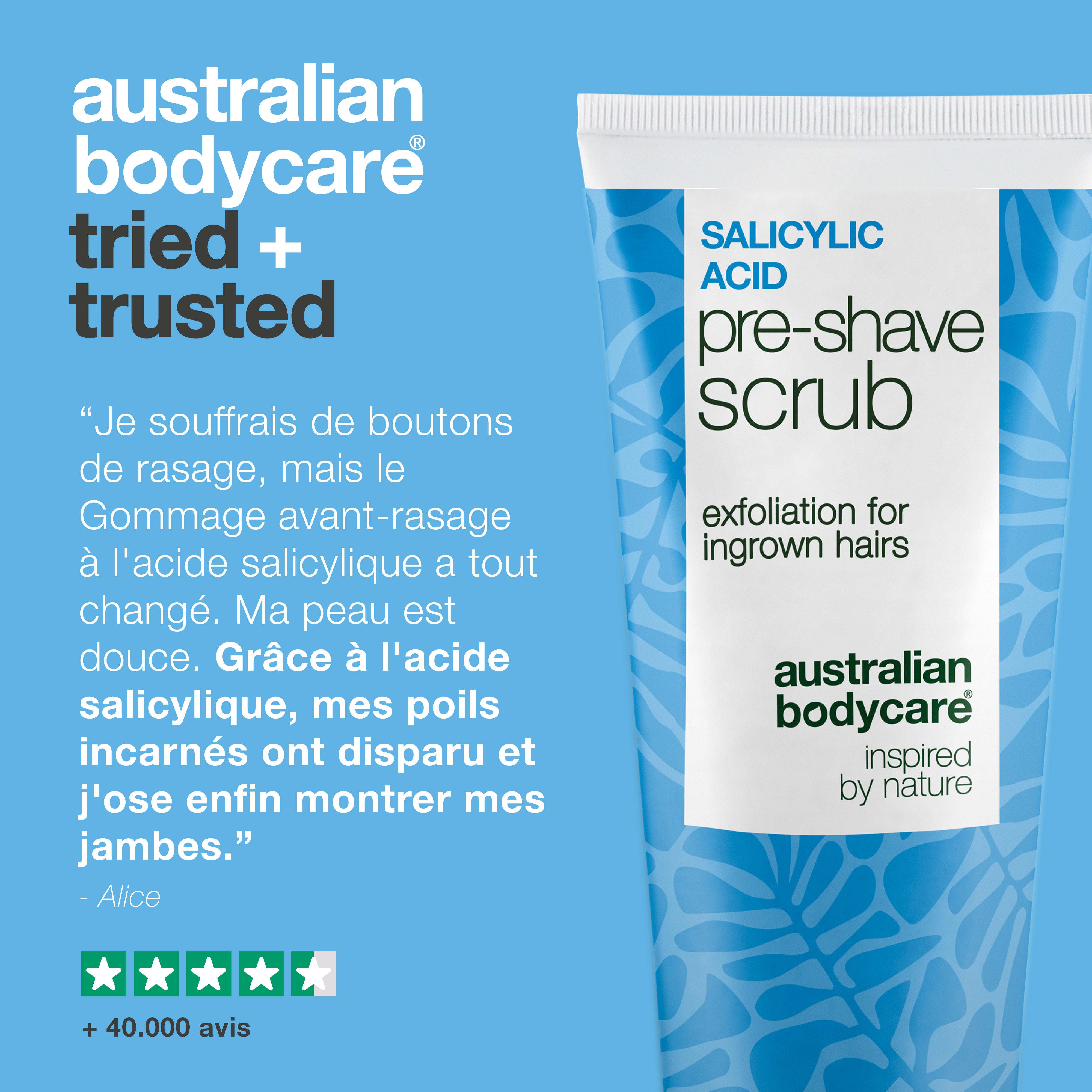 Gommage Pré-rasage Acide Salicylique : Poils Incarnés — Gommage Pré-rasage à l'Acide Salicylique contre les poils incarnés et le feu du rasoir. Pour une peau lisse sans démangeaisons. AHA inclus.