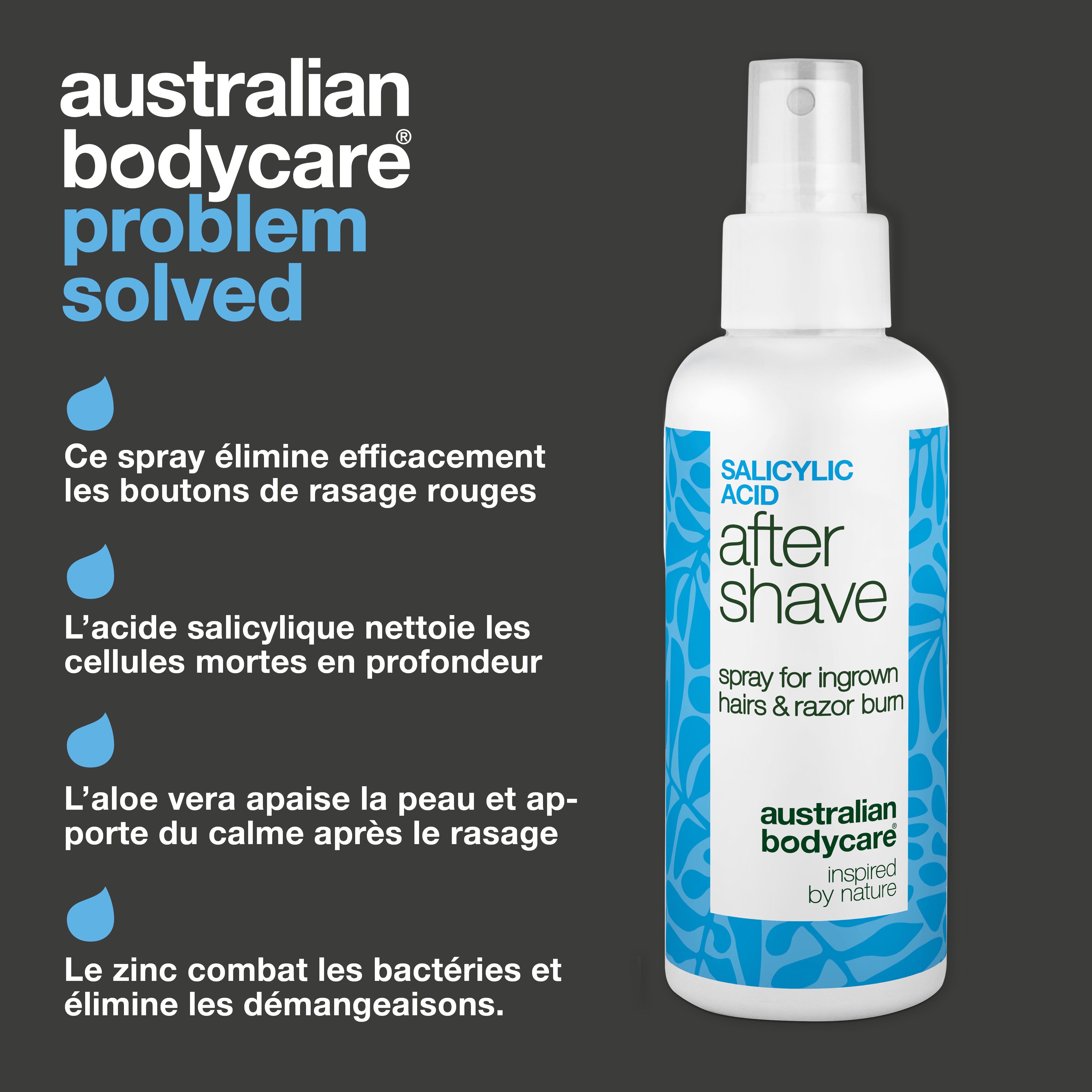 Spray Après-Rasage Acide Salicylique anti-boutons — Spray après-rasage contre les boutons de rasage et poils incarnés. À l'acide salicylique et aloe vera pour apaiser les démangeaisons.