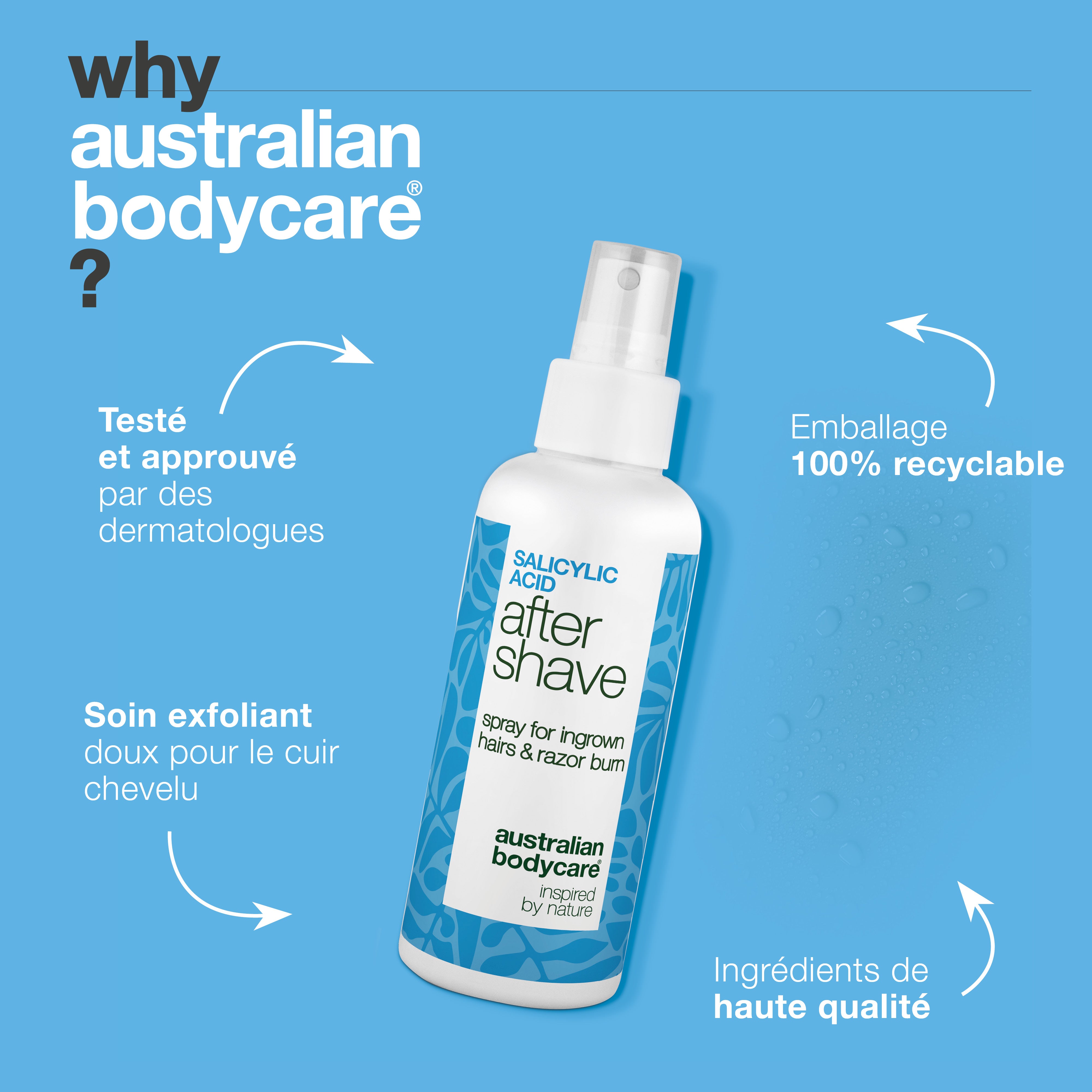 Spray Après-Rasage Acide Salicylique anti-boutons — Spray après-rasage contre les boutons de rasage et poils incarnés. À l'acide salicylique et aloe vera pour apaiser les démangeaisons.