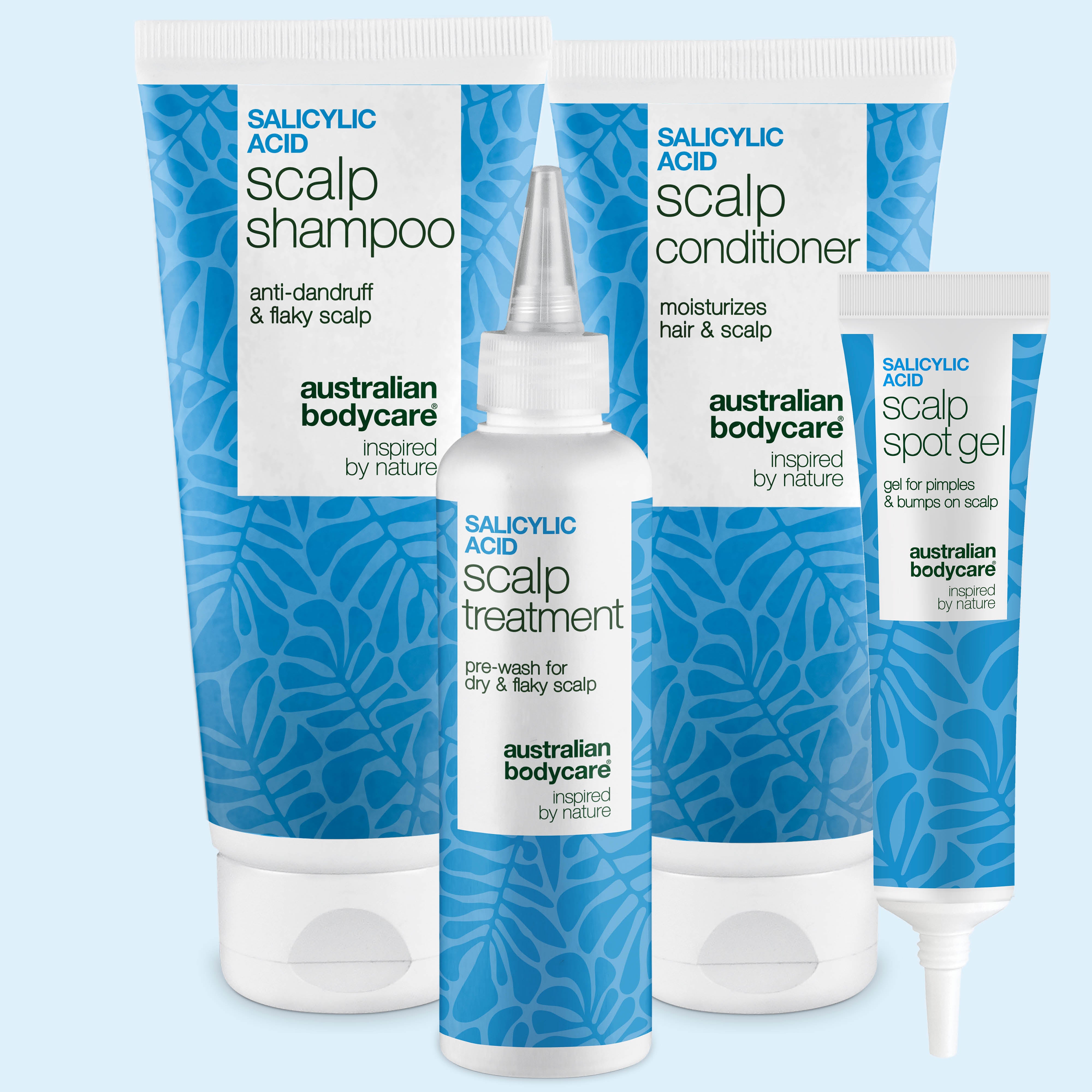 Kit Cuir Chevelu à l'Acide Salicylique avec shampoing, après-shampoing, soin pré-lavage et gel anti-boutons Australian Bodycare