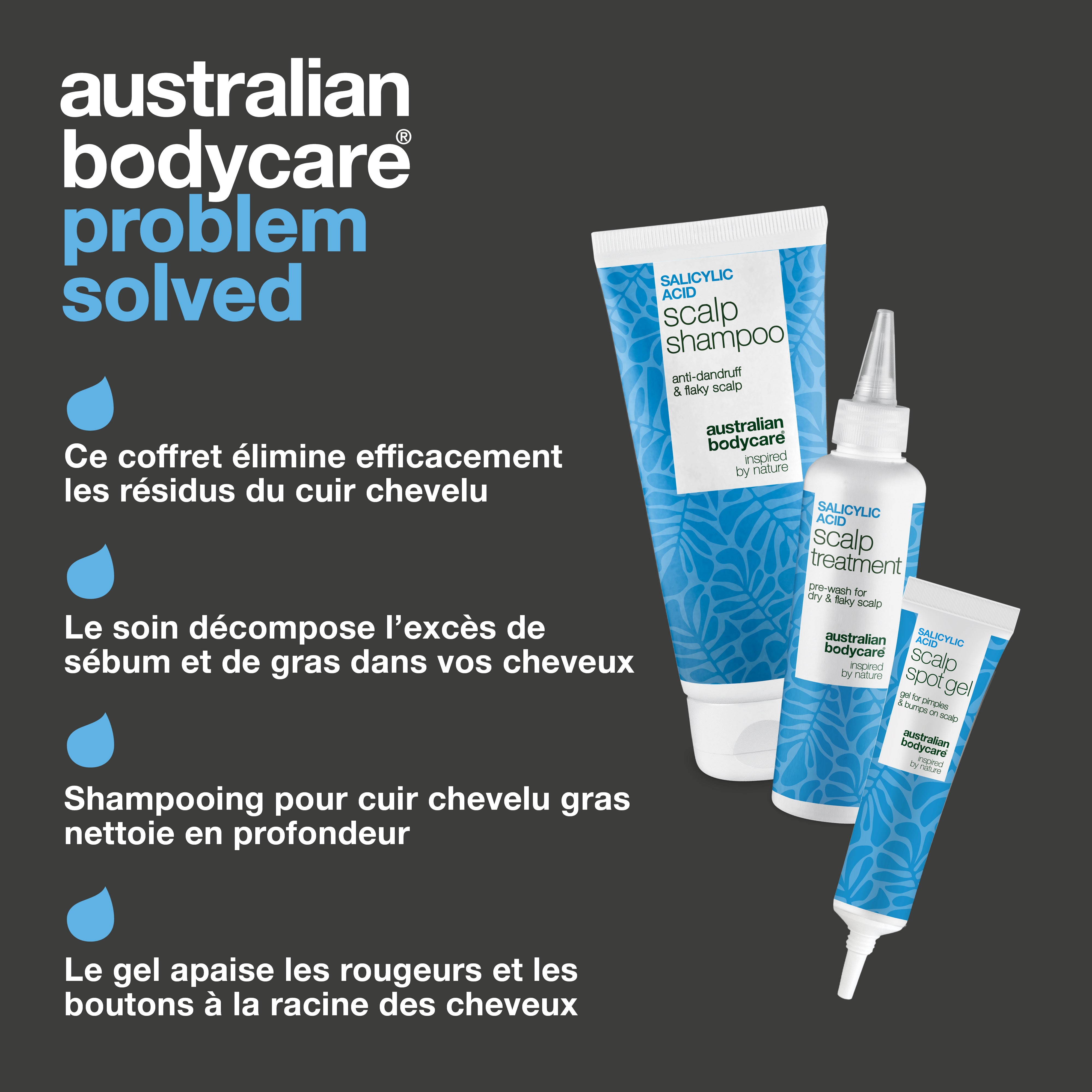 Les atouts du kit : élimine l'accumulation de résidus, le soin régule le sébum, shampoing purifiant et gel anti-boutons