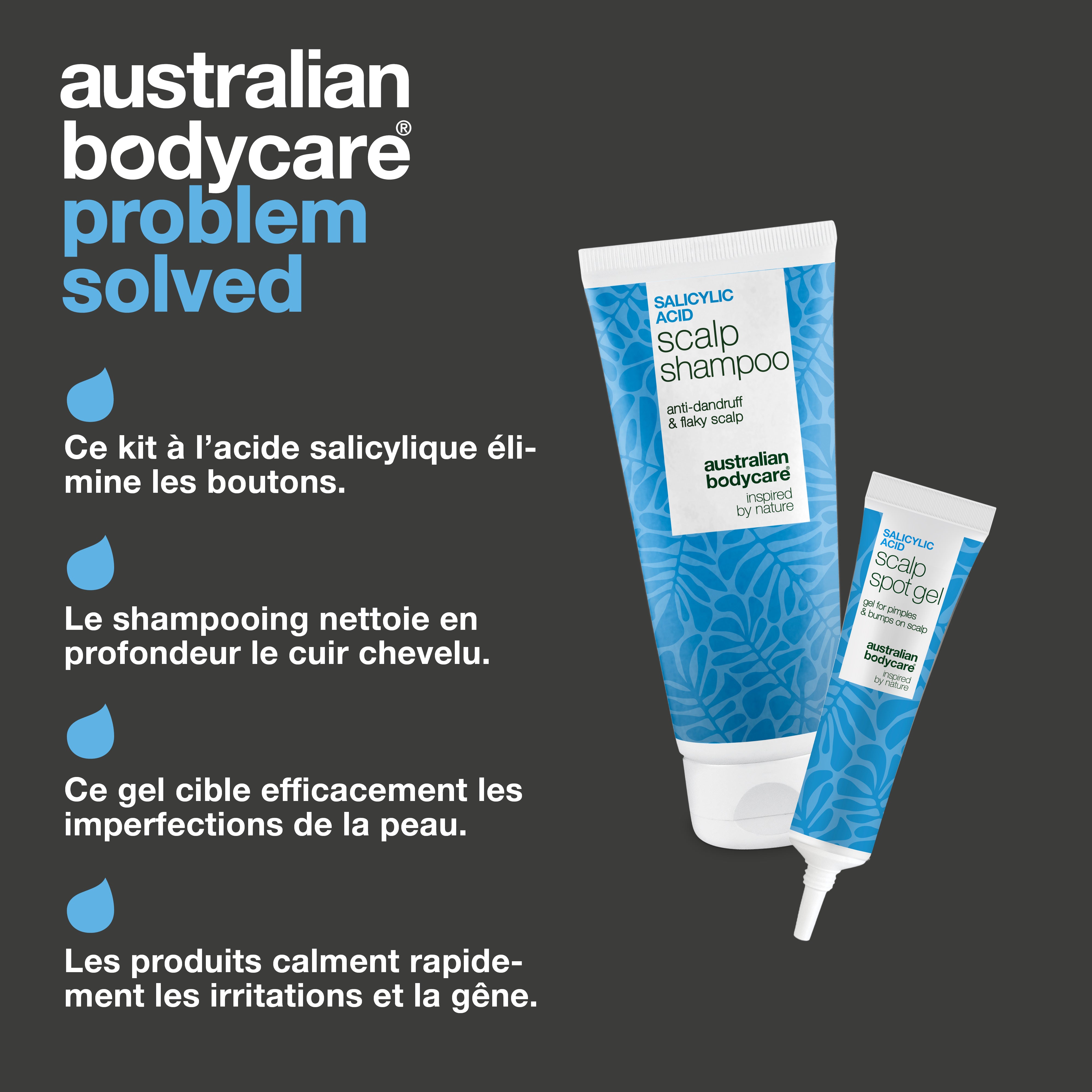 Les atouts du kit : un shampoing purifiant et un gel ciblé à l'Acide Salicylique qui apaise les boutons douloureux