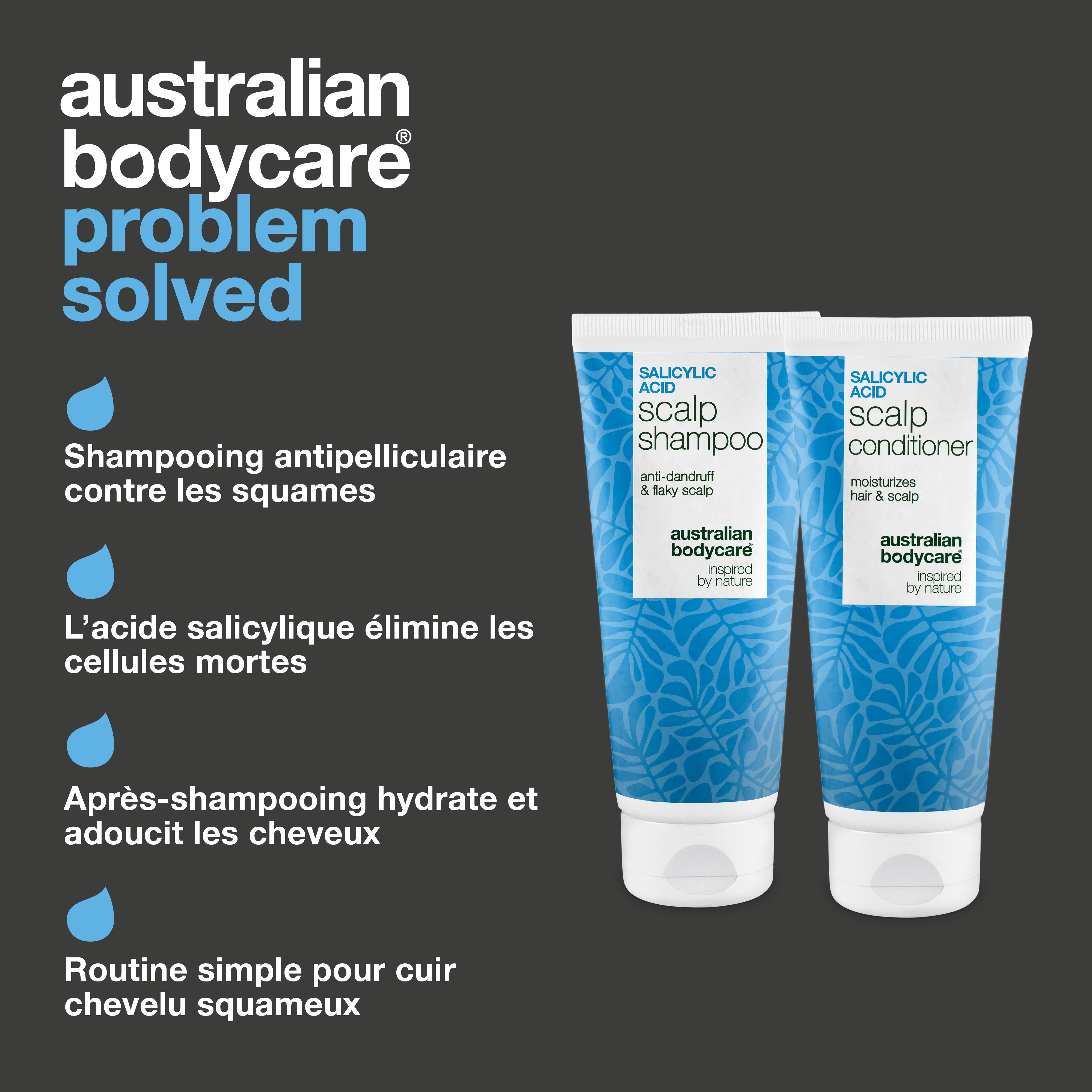 Les atouts du kit : shampoing antipelliculaire, Acide Salicylique qui élimine les cellules mortes et après-shampoing hydratant