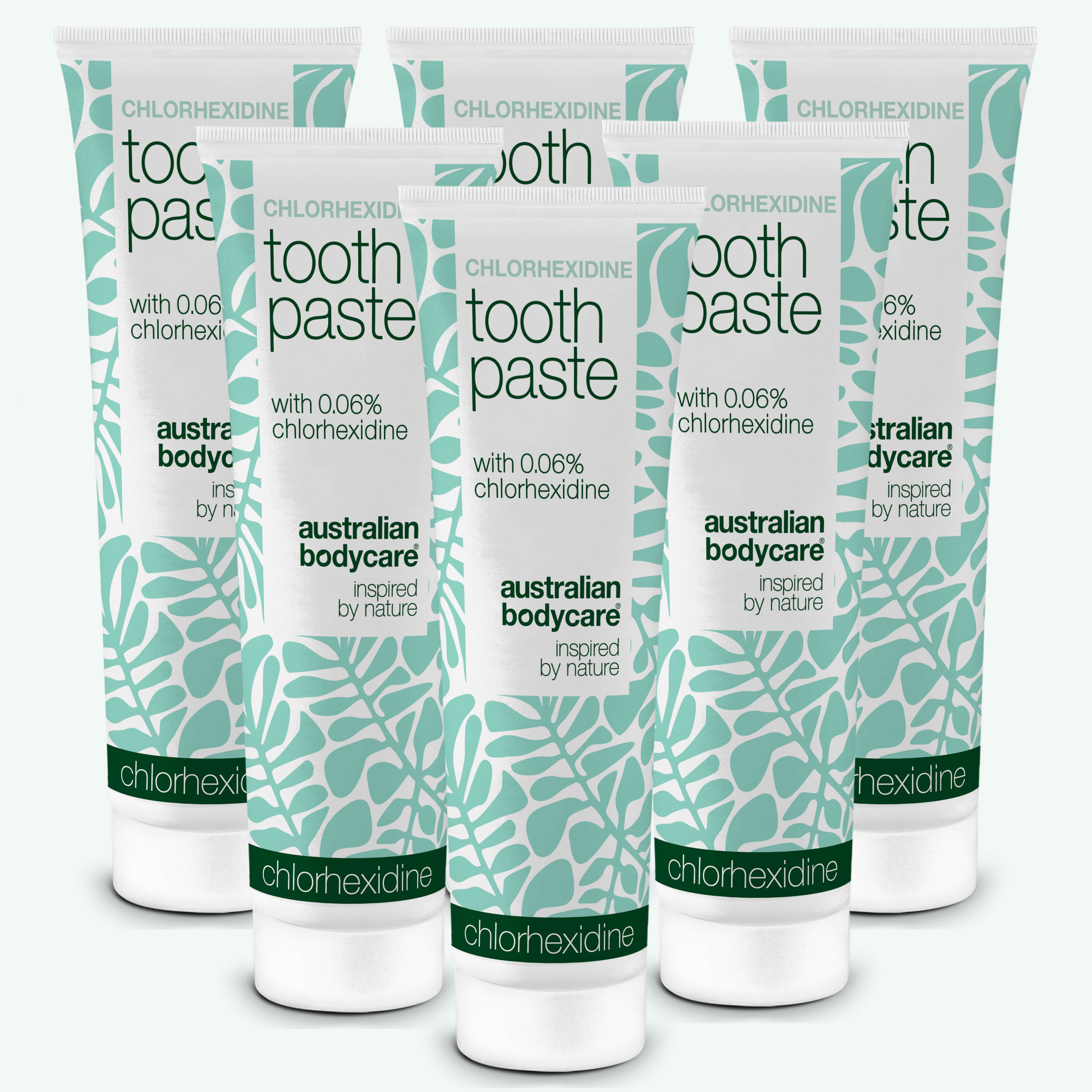 Six tubes de dentifrice Australian Bodycare Chlorhexidine à 0,06 % de chlorhexidine sur fond blanc. Lot de 6.