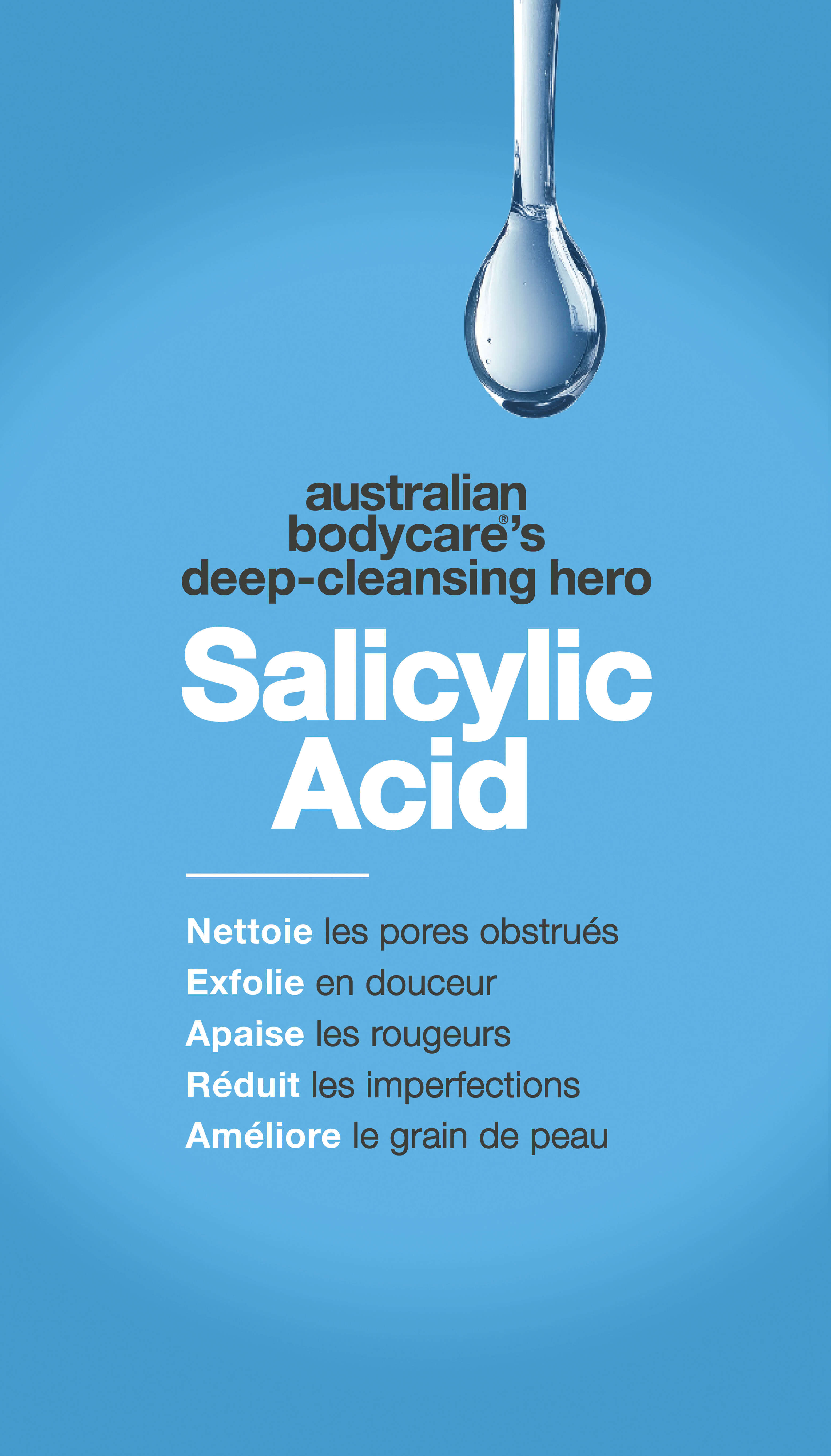 Graphique promotionnel d’Australian Bodycare avec une goutte de liquide en haut et du texte sur fond bleu. Il met en avant l’acide salicylique comme un 'héros du nettoyage en profondeur' qui désobstrue les pores, réduit les imperfections, exfolie en douceur, apaise les rougeurs et affine le grain de peau.