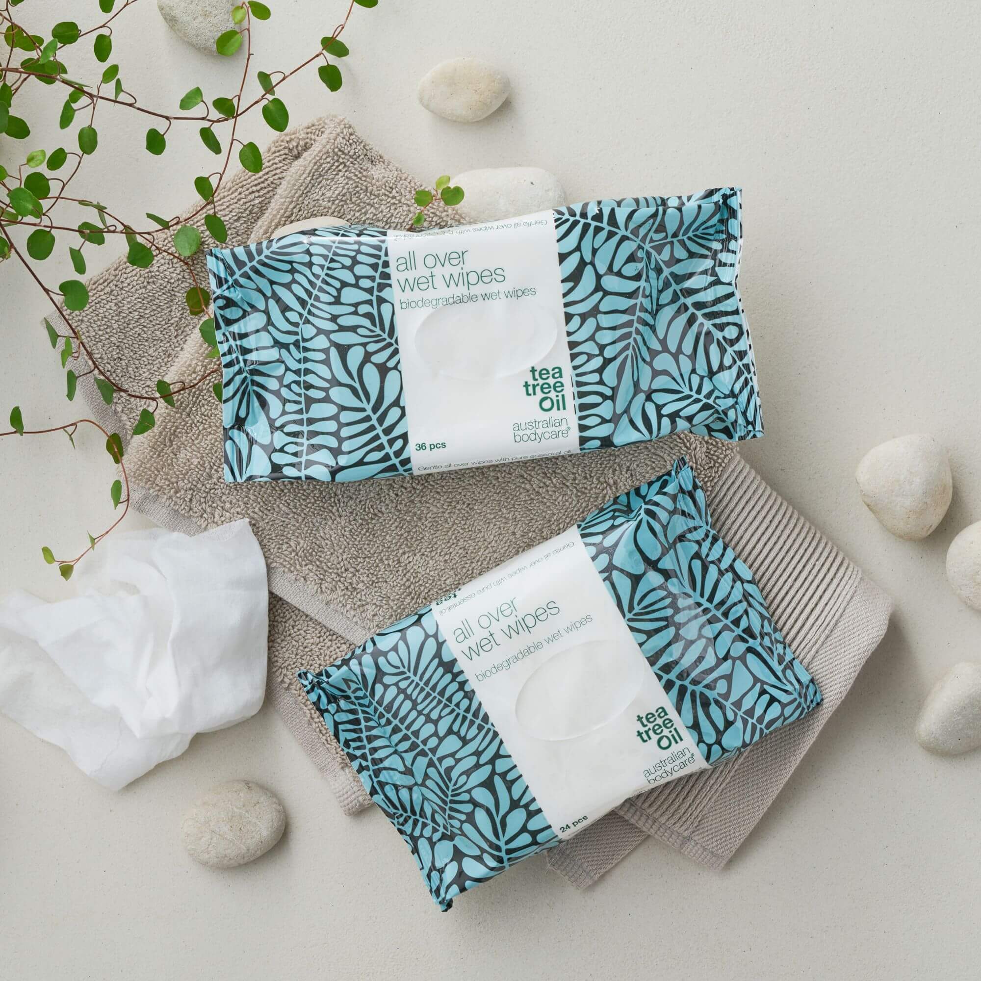 Lingettes démaquillantes peau sensible à l'huile de tea tree (24 pièces) — Nettoie et rafraîchit efficacement la peau du corps