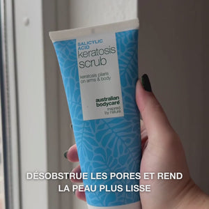 Gommage Corps Keratosis Pilaris élimine les cellules mortes et réduit les bosses. Lisse la peau avec acide salicylique, acide glycolique et allantoïne.