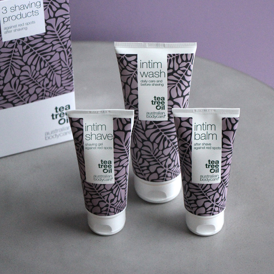 Kit de 3 produits pour lutter contre l'inconfort due au rasage intime à l'huile de tea tree — Avec un savon intime, gel à raser &  baume après rasage intime contre les boutons après le rasage intime